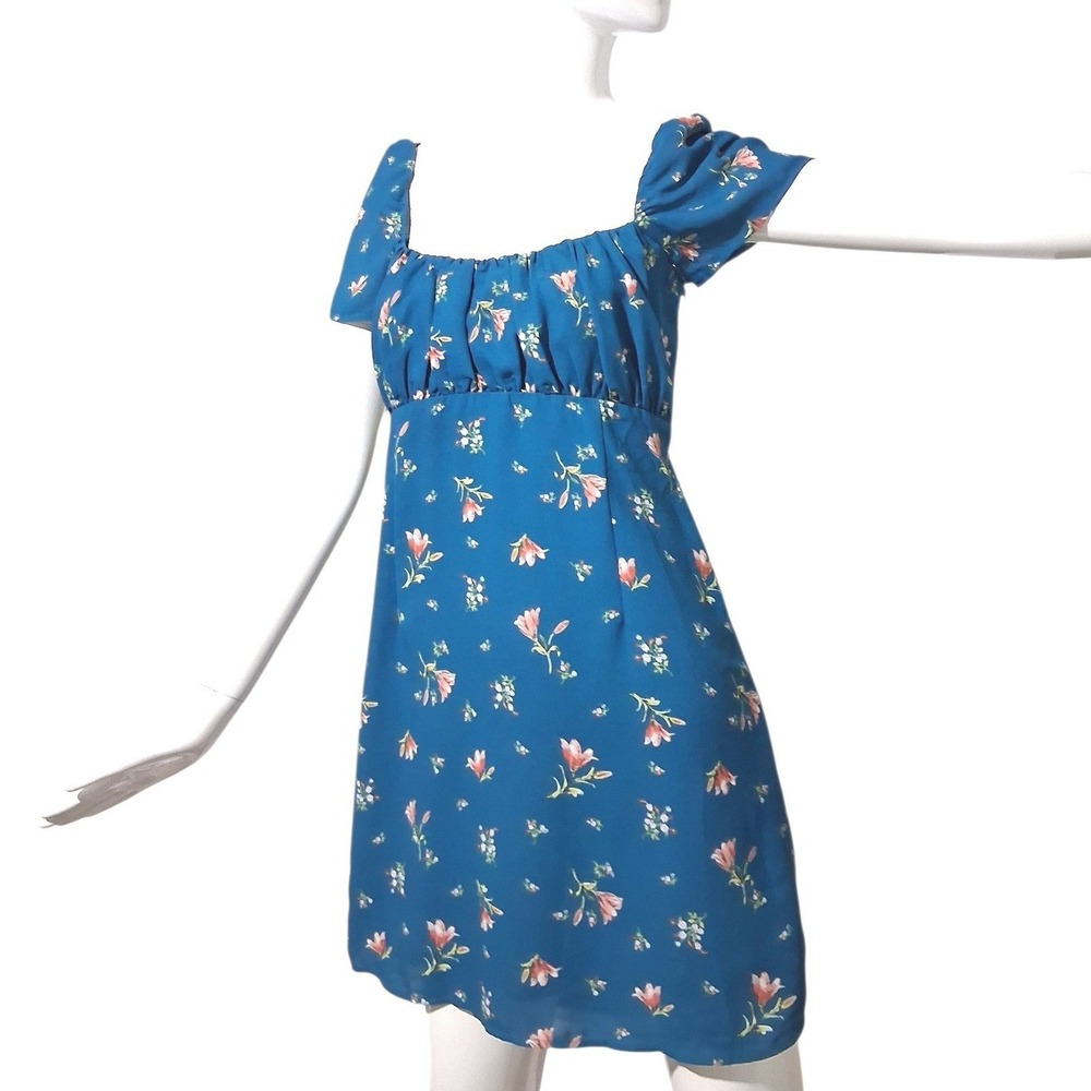 Y2k Empire Waist Cloud Sky Womens size Medium Floral Flowy Open‎ Back Mini Dress